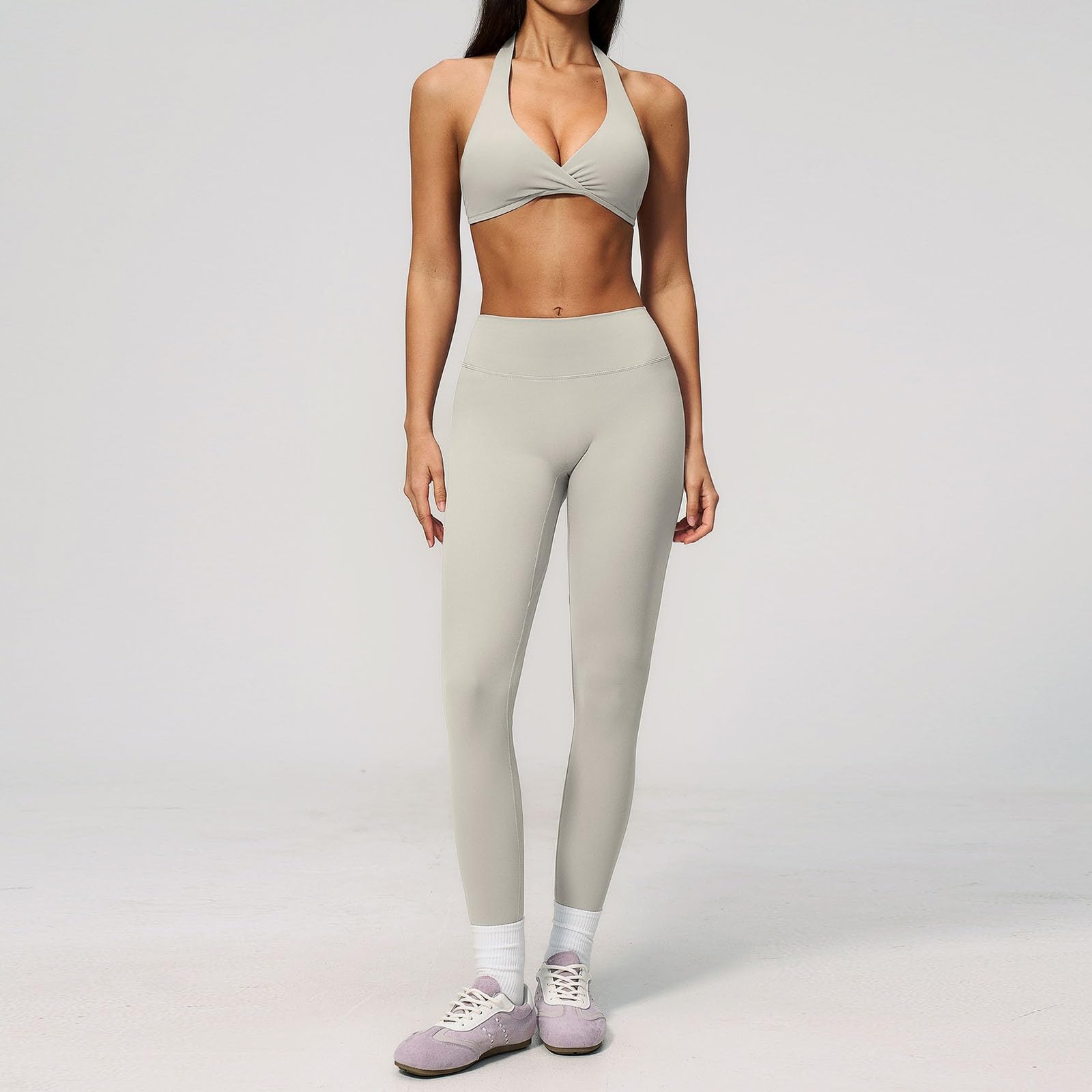 Generisch Reggiseno sportivo da donna con allacciatura al collo, a vita alta, due pezzi, abbigliamento sportivo, per fitness, spalline sottili, abbigliamento estivo, reggiseno imbottito, leggings a
