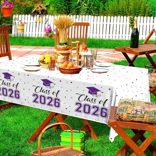 Image of 2026 Graduation Decorations,Congrats Grad Tablecloth 2pcs White Purple Class of 2026 Table Covers Rectangle for Graduation Party Supplies,108x54inch(Purple)