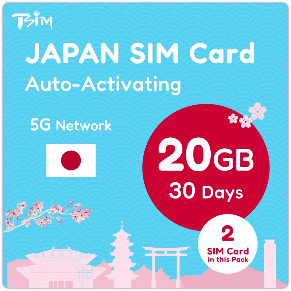 Japan SIM-Karte 30 Tage 20GB – 2 Stück | Automatische Aktivierung | 5G-Netzwerk mit Tethering/Hotspot/Internetfreigabe | Nur Daten, Keine Sprache