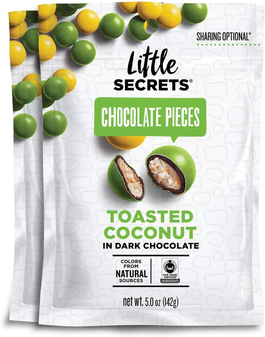 Little Secrets Chocolate Pieces, Toasted Coconut Flavor, All Natural, Fair Trade, Gourmet Dark Chocolate Candy, No Artificial Dyes, Healthy Snacks and Treats, No Corn Syrup, (2 Pack)