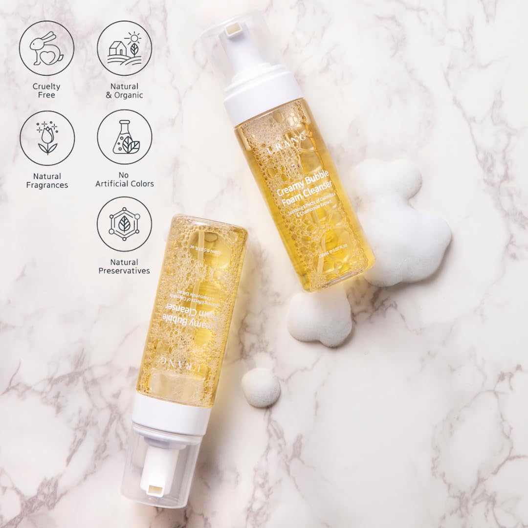 URANG] Creamy Bubble Foam Cleanser 5.07 Fl Oz | COSMOS NATURAL Certified Calendula & Chamomile Extract - Soften and Moisturize Skin | Vegan Face Wash For All Fmaily Members | Bubble Skincare