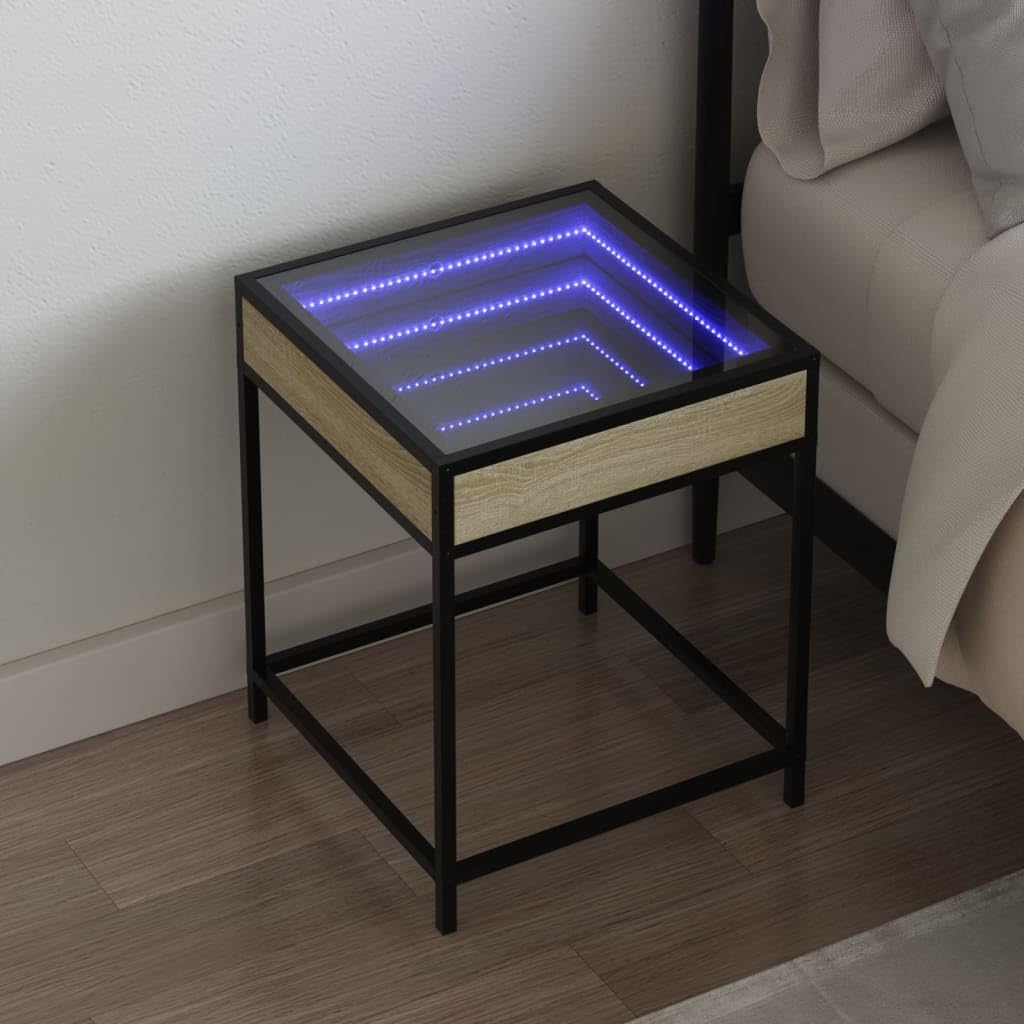 Table de Chevet chêne Sonoma industriel avec LED effet infini et structure métal stable