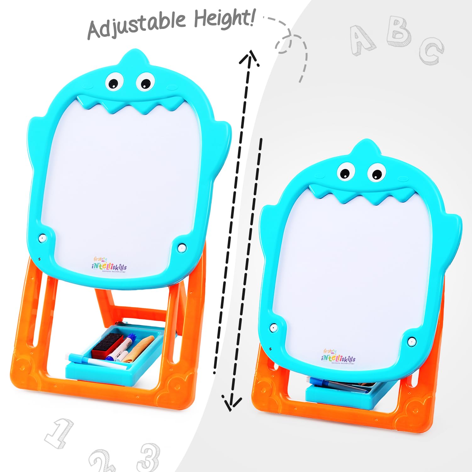 Intelliskills Premium Double-Sided Tabletop Easel Board for Kids, Adjustable Writing Black & White Chalk Board with Duster, Chalk for Kids,Marker & Small Dusting Cloth,BIS Certified,2+Years,Ideal Gift - Image 5 thumbnail