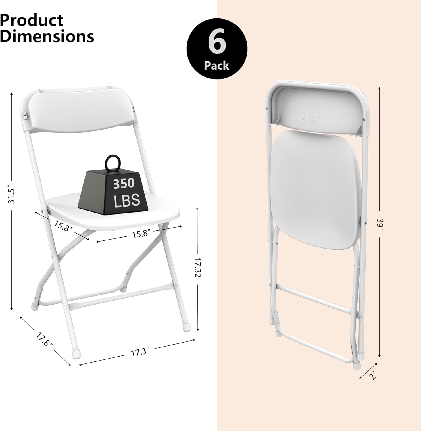 Plastic Folding Chair 6Pack, Portable White Folding Chairs, 350 lbs Capacity Heavy Duty Chair for Party, Event, Wedding, Camping, Patio, Home, Office