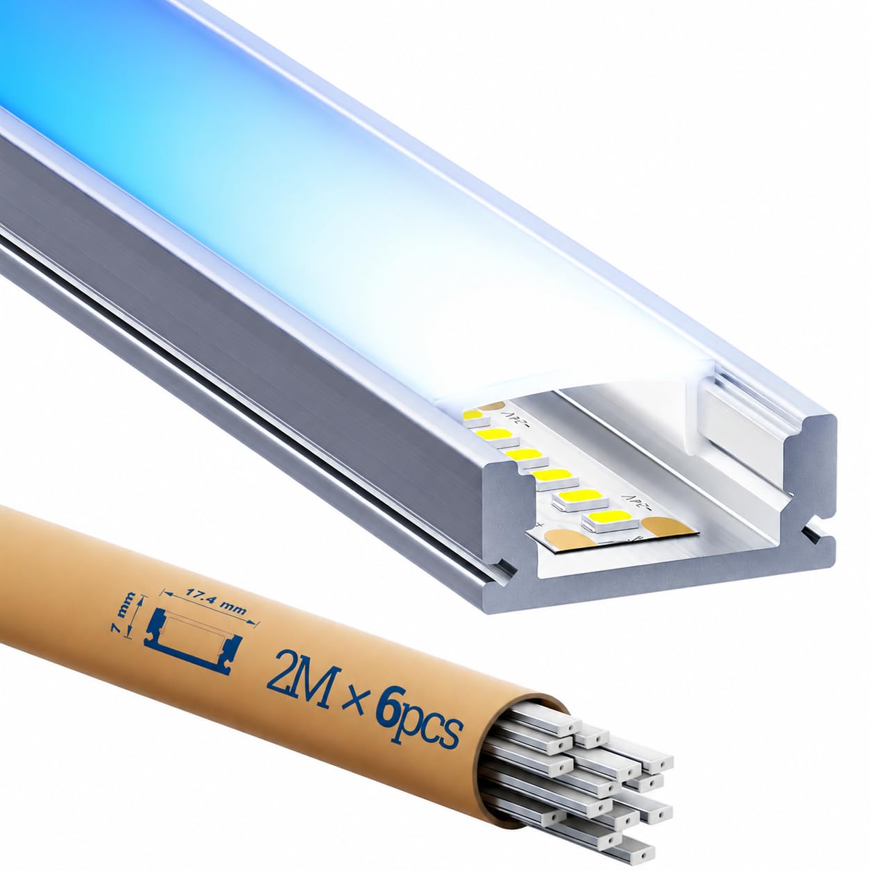 LED Profile, LED Rail, 6 x Profile 2 m, U-shaped Channel, Matte Cover, Maximum Size 17 mm, Dimensions 17 x 7 mm [Energy Class A]
