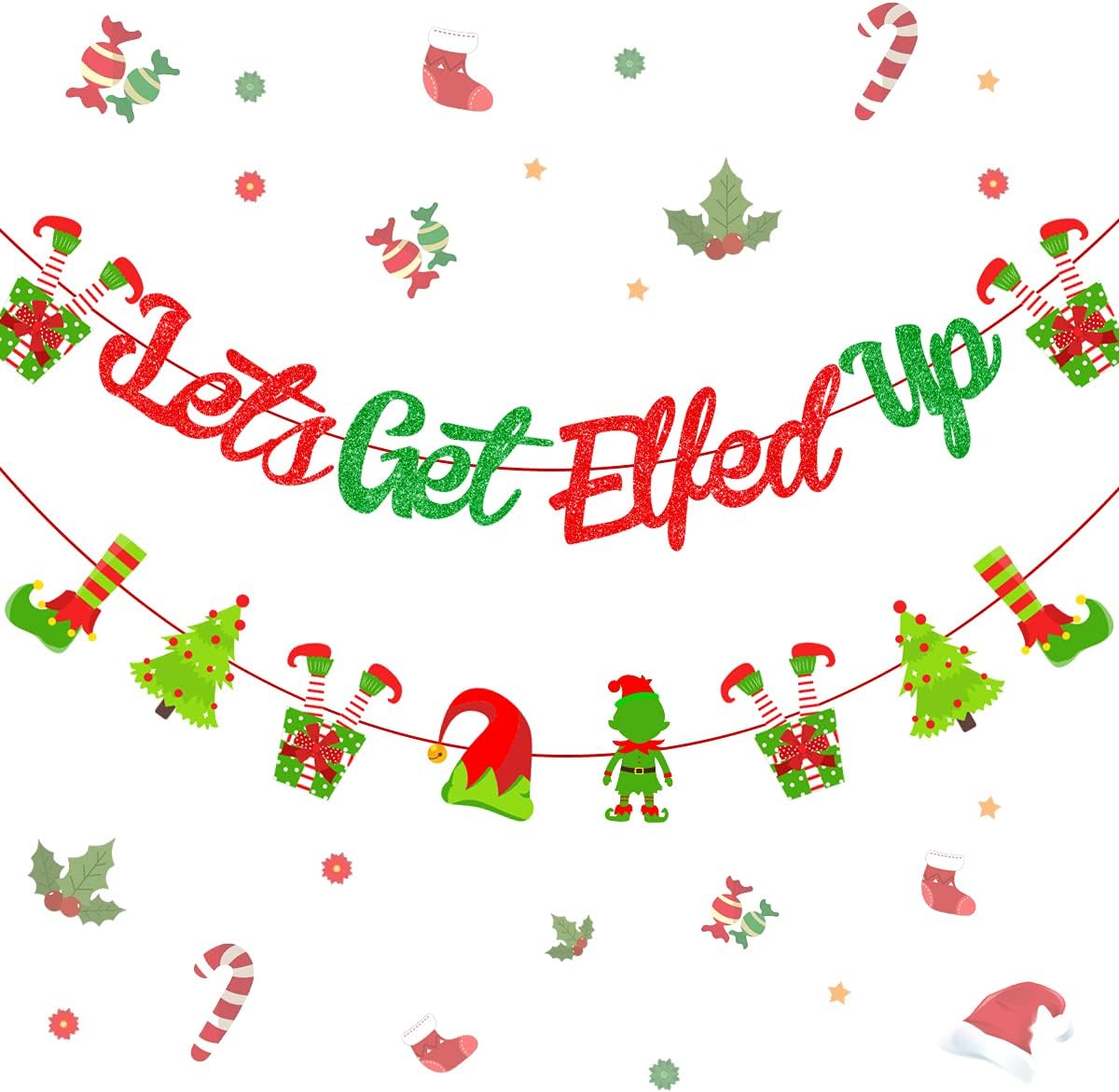 Let's Get Elfed Up Banner Christmas Holidays Decorations Red and Green Merry Christmas Banner Garland Elfed Party Decorations for Mantle Fireplace Winter Holiday Indoor Outdoor Party Supplies