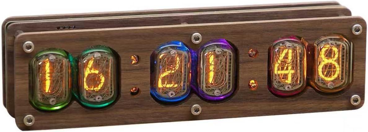 Authentic Soviet IN12 Nixie Tube Clock, Solid Wood Shell, with RGB Lighting Effects, Two Control Methods, 12/24 Hour System, can be Used as Desktop Decoration (6 Tube)
