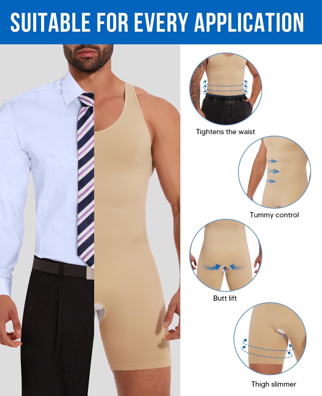 SLIMBELLE Bielizna modelująca męskie podkoszulki kontrola brzucha modelująca całe ciało bielizna męska body bezszwowa lekka modelująca tank top, biały - 01, L | Bezszwowa i lekka, modelująca całe ciało dla mężczyzn, miękka jak druga skóra