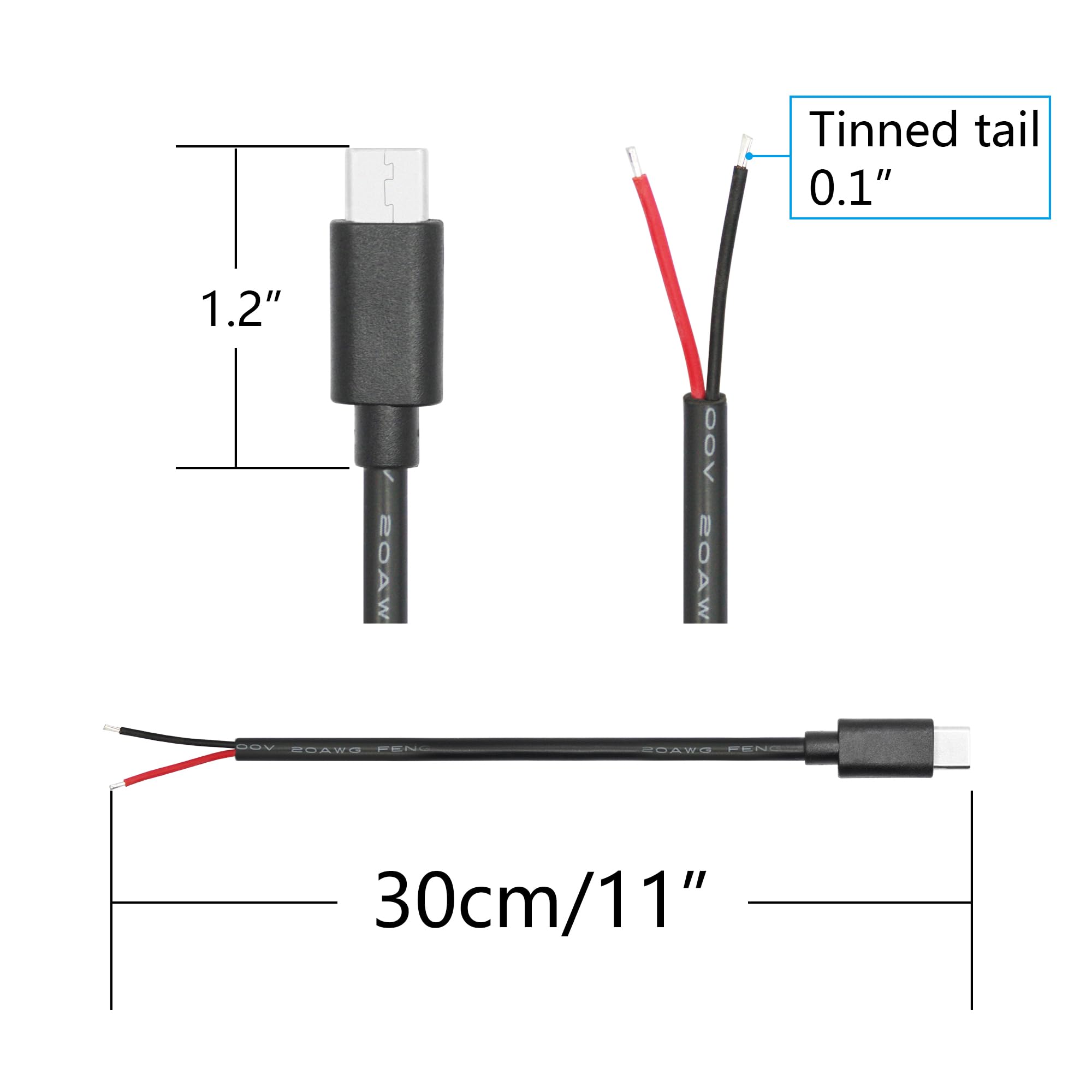 Cavo di alimentazione da USB C a 2 pin con estremità aperta, 27,9 cm, 5 V/5 A, USB tipo C maschio, 2 pin, 20 AWG, per apparecchiature USB di tipo C installate o di ricambio per riparazioni fai da te,