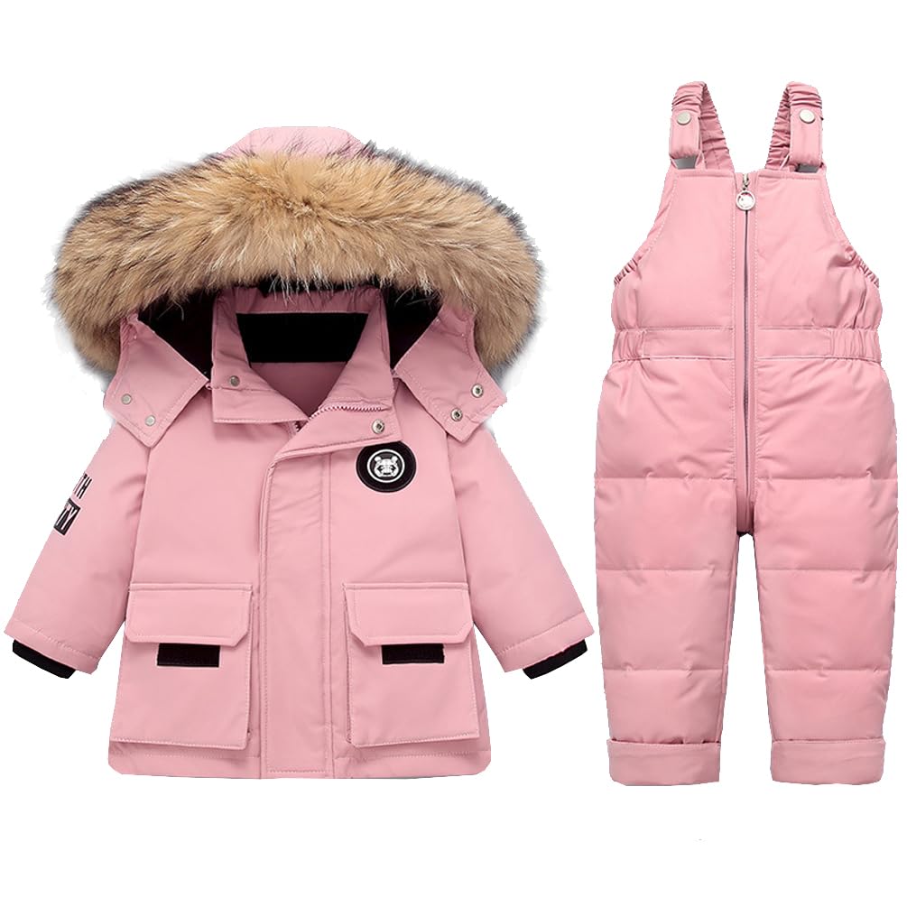 Tuta da Neve 2 Pezzi da Bambini Ragazzi Capppotto in Piuma con Cappuccio Pellicia + Salopette da Neve Bambina Giacca Invernale Impermeabile