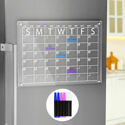 AITEE Calendario magnético acrílico de borrado en seco para refrigerador, calendario de borrado en seco transparente de 16 x 12 pulgadas para