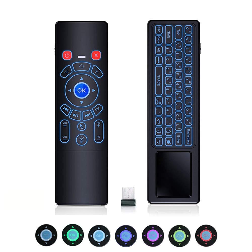 Ovegna T6 Plus: Mini Infrared Remote Control Keyboard, Wireless 2.4 GHz, Backlit 7 Colours, Touchpad and Mouse, for Android, PC, Box, Smart TV and Linux Black