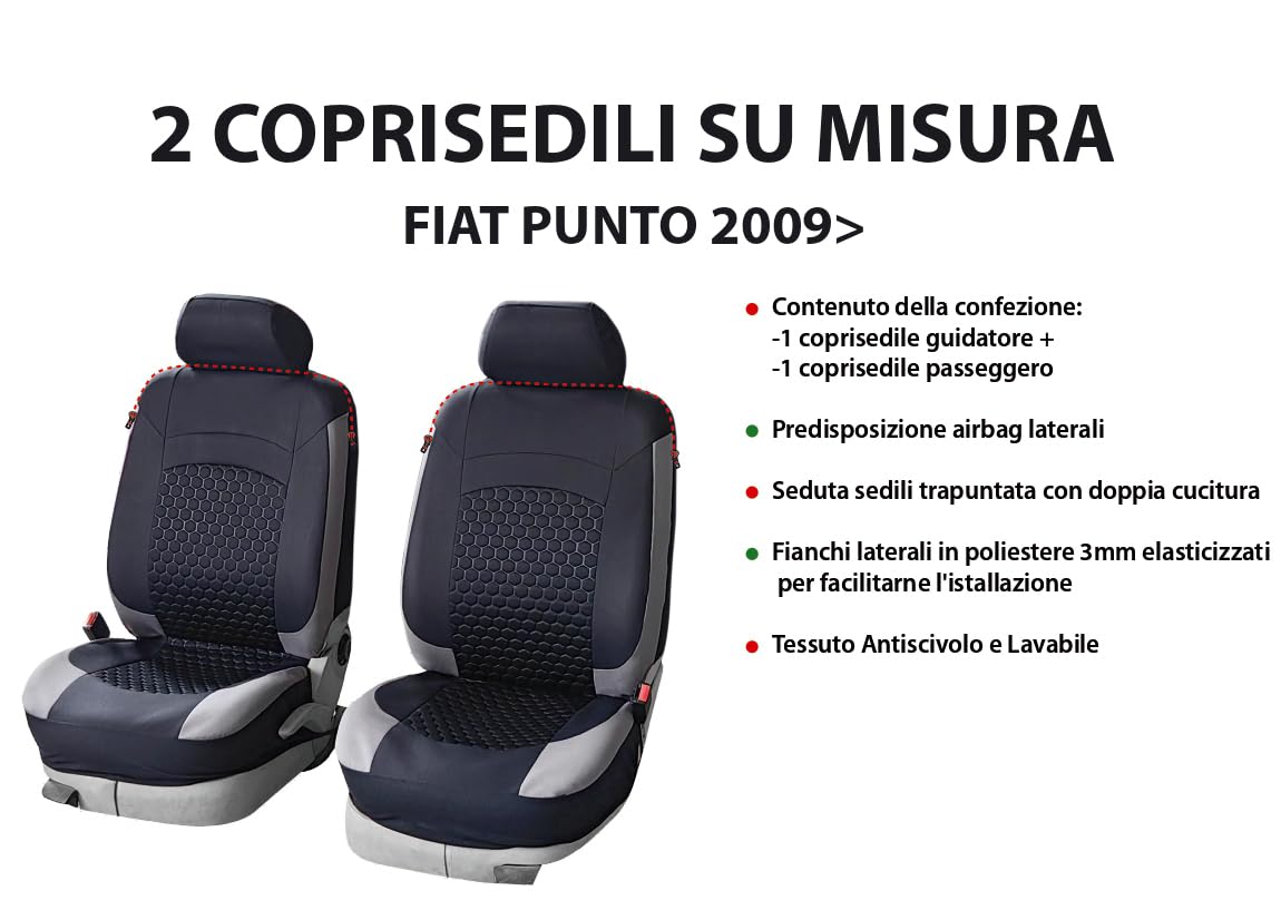 Set Coprisedili Auto Anteriori 2 Pezzi per FIAT PUNTO-PUNTO EVO dal 2009 al 2025 - Fianchi elasticizzati, Tessuto Antiscivolo Trapuntato in Poliestere, Lavabile, Alta Qualità - OFFICINE MILANO