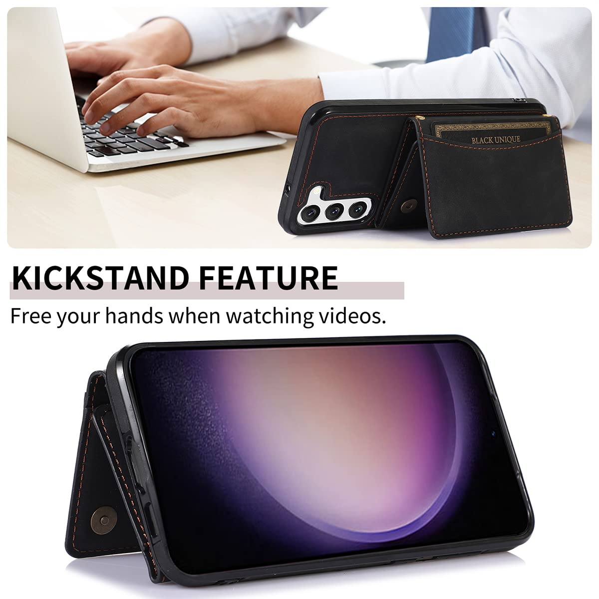 NKECXKJ Design for Samsung Galaxy S23 FE Wallet Case with Tempered Glass Screen Protector PU Leather Credit Card Holder Slot Phone Cases Kickstand Shockproof Protective Cover for Men 6.4 inch Black