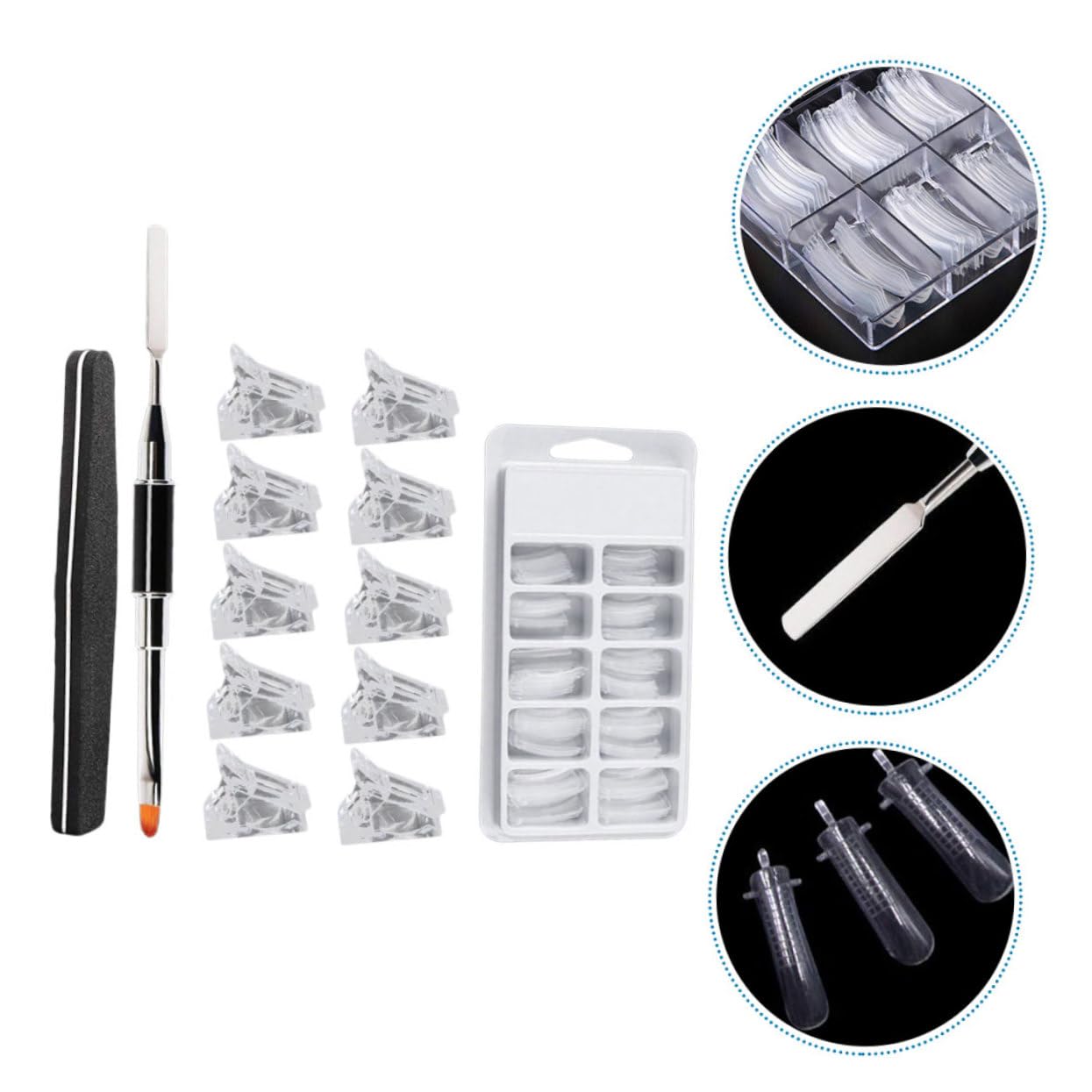 Mikinona 1set Manicure Extension Nails Kit Crystal Nail Molds Extensions Dual-ended Scraper Sanding File and Crystal Clips