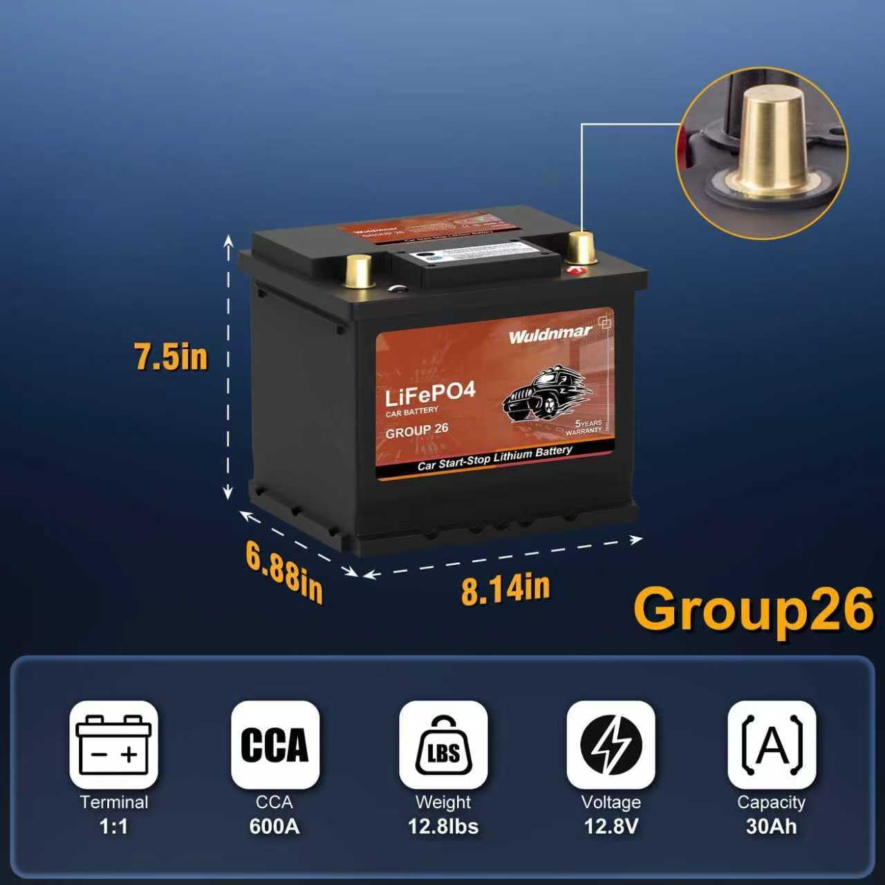 BCI Group 26 LiFePO4 Lithium Car Battery, 12.8V 600A, Start-Stop System, Lightweight, Battery Level Display, Left Negative Right Positive