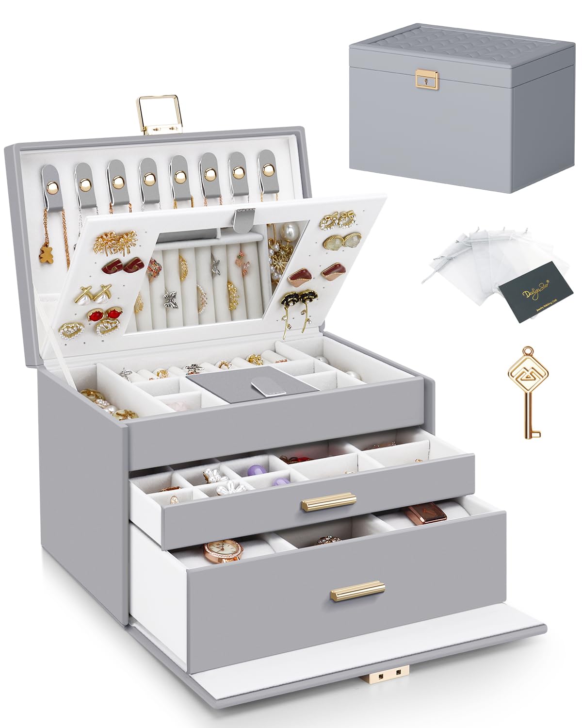 DesignSter Joyero con 2 cajones, organizador de joyas con cerradura de 3 capas con espejo, estuche grande de cuero para guardar joyas, pendientes, collares, anillos, pulseras, color gris