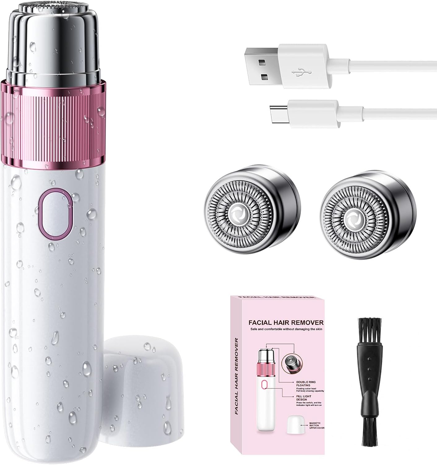 Facial Hair Remover for Women, Painless Electric Face Shaver with 2 Replacement Heads, Type-C Rechargeable Hair Removal Device for Upper Lip, Chin, Cheeks & Peach Fuzz