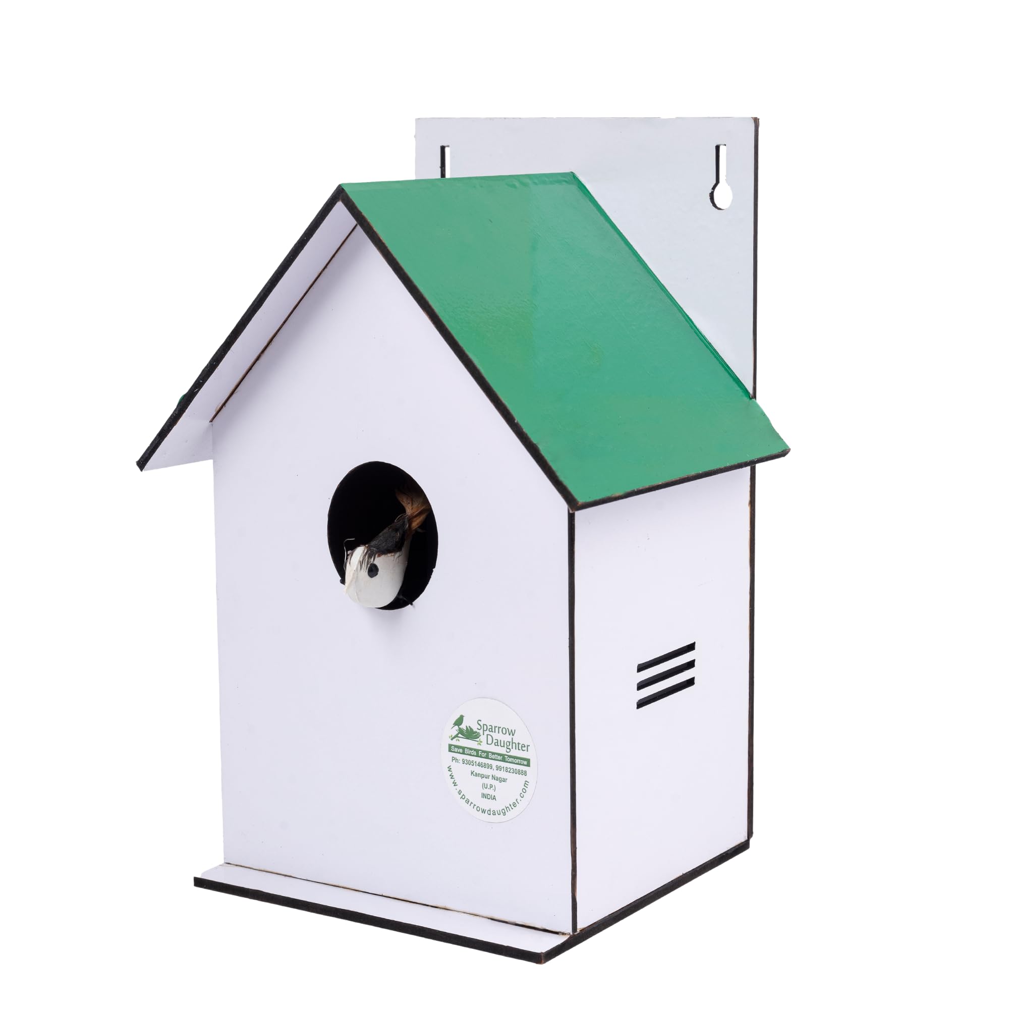 Sparrow Daughters Wooden Hut Shape Bird House | MDF Birdhouse for Sparrows, Love Birds & Small Birds | Balcony, Garden & Window Grill Hanging | Weather Resistant | 4 Colours | Made in India | Green