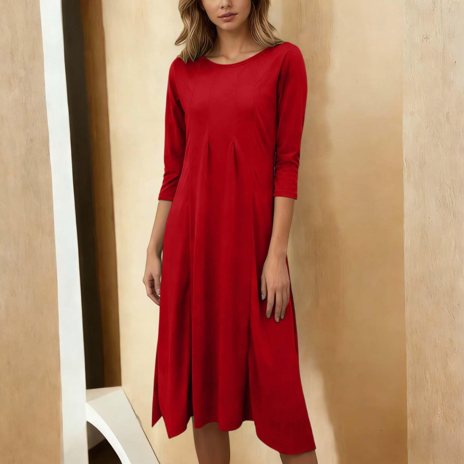 2026 midi élégante Femme col Rond Manches Courtes Tissu Doux Unie Extensible Confortable décontracté Quotidien Parfaite pièce idéale Automne Hiver