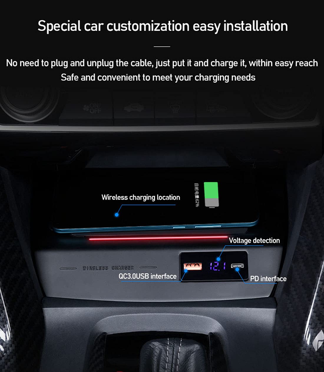 Cargador Inalámbrico Coche Auto para Honda Judai Civic 2016-2020 con Consola Central 15W Carga Rápida Teléfono Cargador Qi con QC 3.0 PD USB