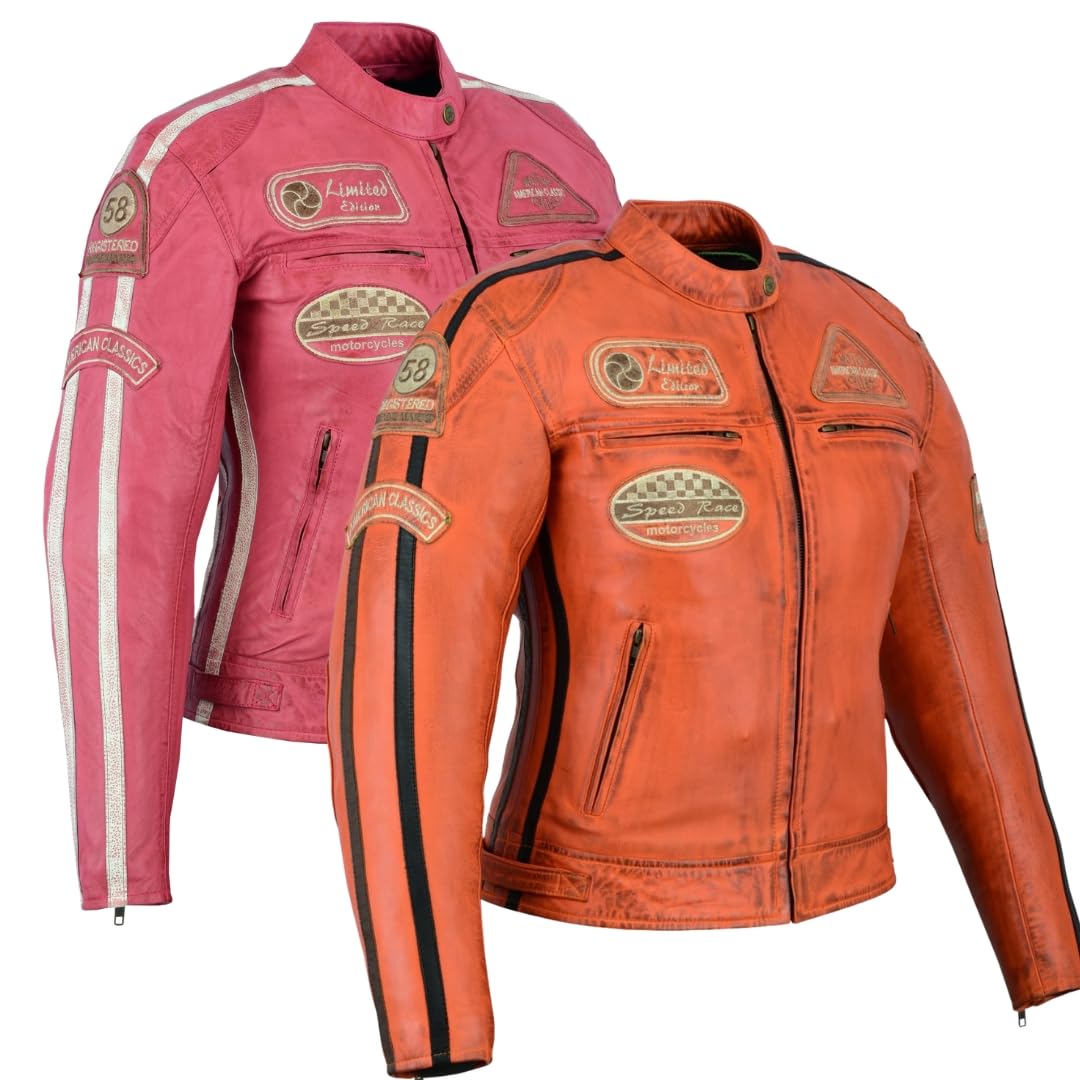 Veste de Moto En Cuir Pour Femme- Blouson Avec Protection Douce Cuir Et Vent Armure Corps été Hiver Tourisme Motard Blinde Orange
