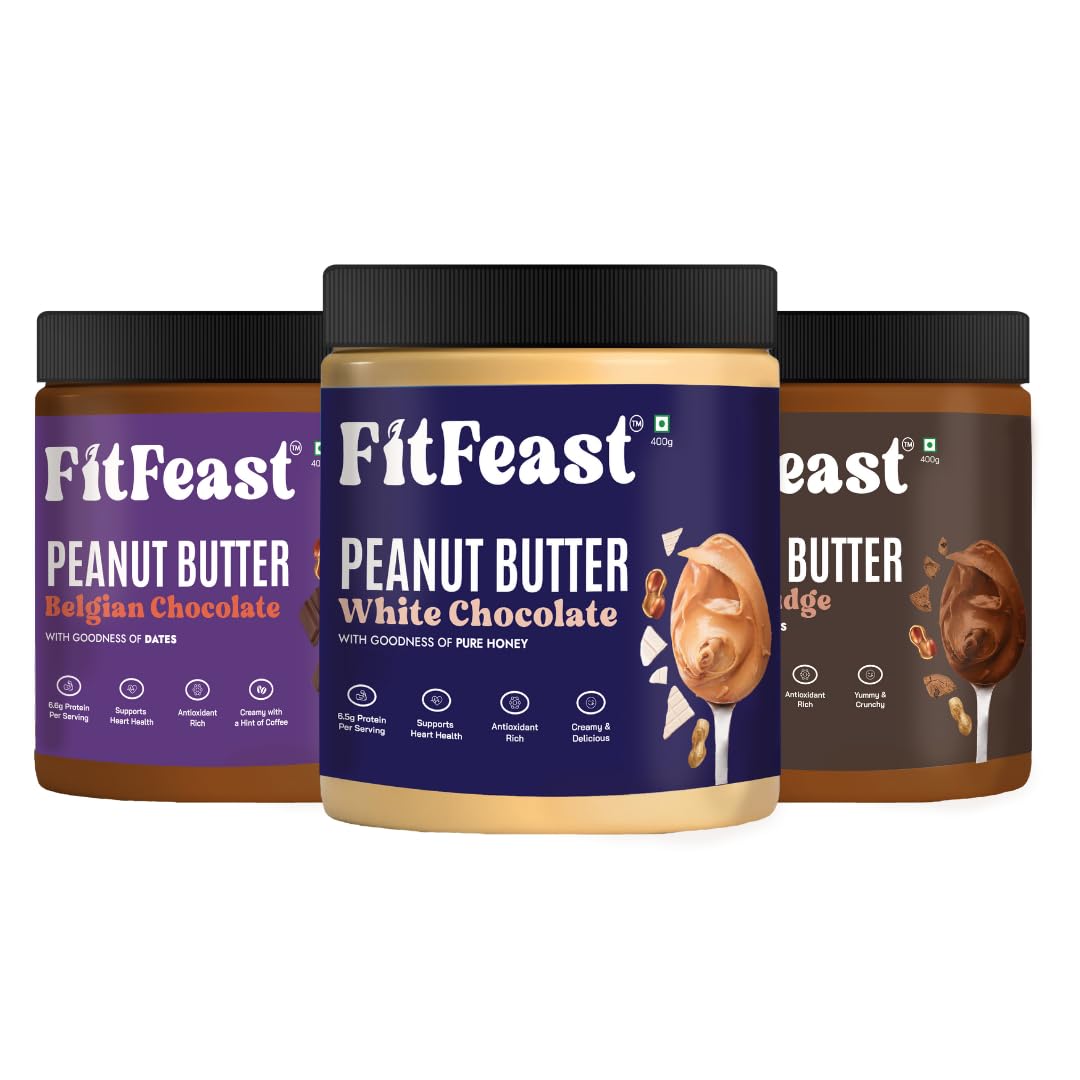 FitFeast Peanut Butter Combo | White Chocolate, Belgian Chocolate and Cookie Fudge Peanut Butter | No Trans Fats | Contains Dates/Honey | Antioxidant Rich | Many Health Benefits (Pack of 6) | As Seen on Shark Tank