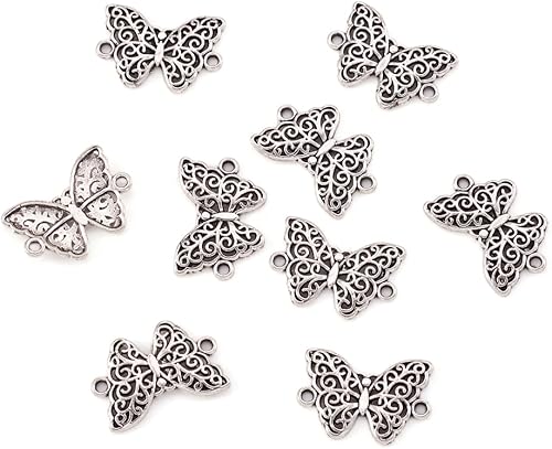 FASHEWELRY 100 dijes de eslabones de mariposa huecos de plata antigua, doble bucle, filigrana tibetana, para insectos, de 0.787 x 0.551 in, para