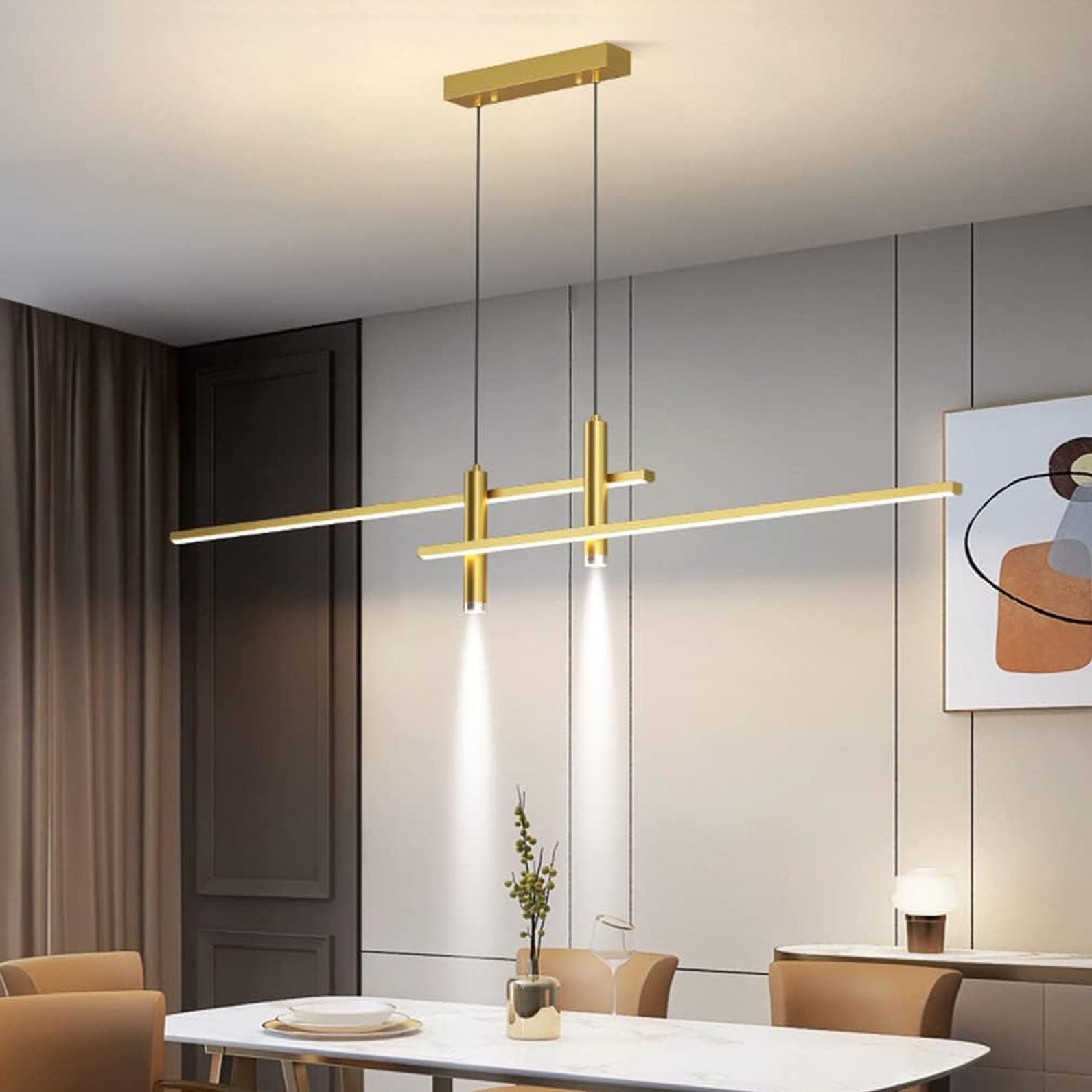 Modern LED Dimmable Pendant Light, Dining Table Lights Ceiling, Linear Chandeliers Height Adjustable, Black Kitchen Island Lights with Remote Control for Dining Room Kitchen Bar (Gold, 150cm)