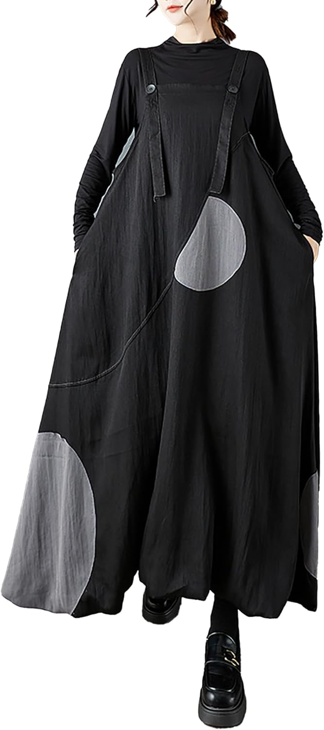 ellazhu Women's Dress Suspender Printed Sleeveless Plus Size Pleated Maxi Hem Pockets GZ737 A