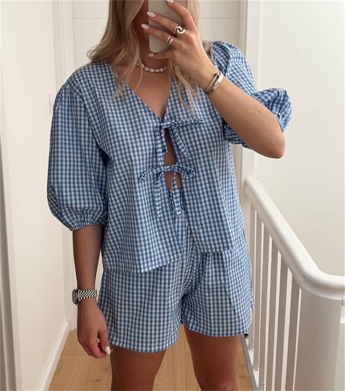 Image of Thopavenoir Women 2 Piece Casual Lounge Sets Y2k Puff Sleeve Peplum Shirt Tie Front Tee Shirt Shorts 2pcs Pajamas Sets