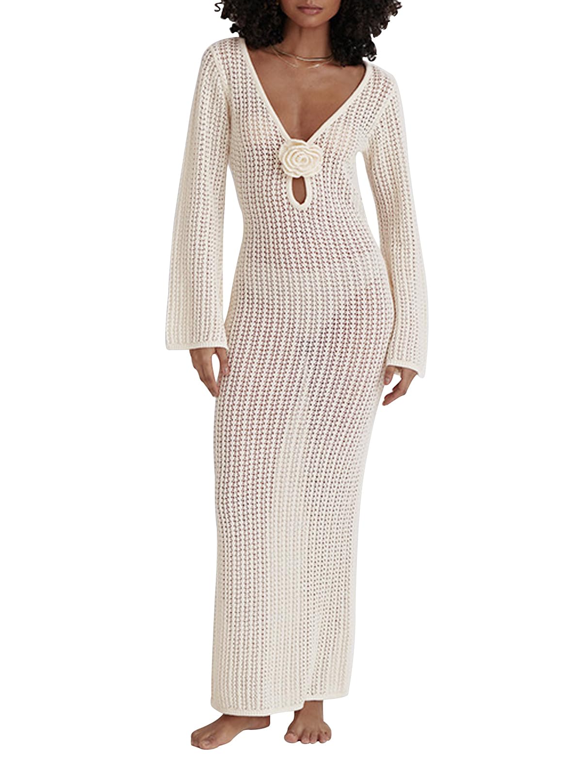 Leoparts Womens Knitted Swimsuit Cover Up 3D Floral Hollow Out Open Back Tie-Up Maxi Dress Beachwear Coverup Dresses