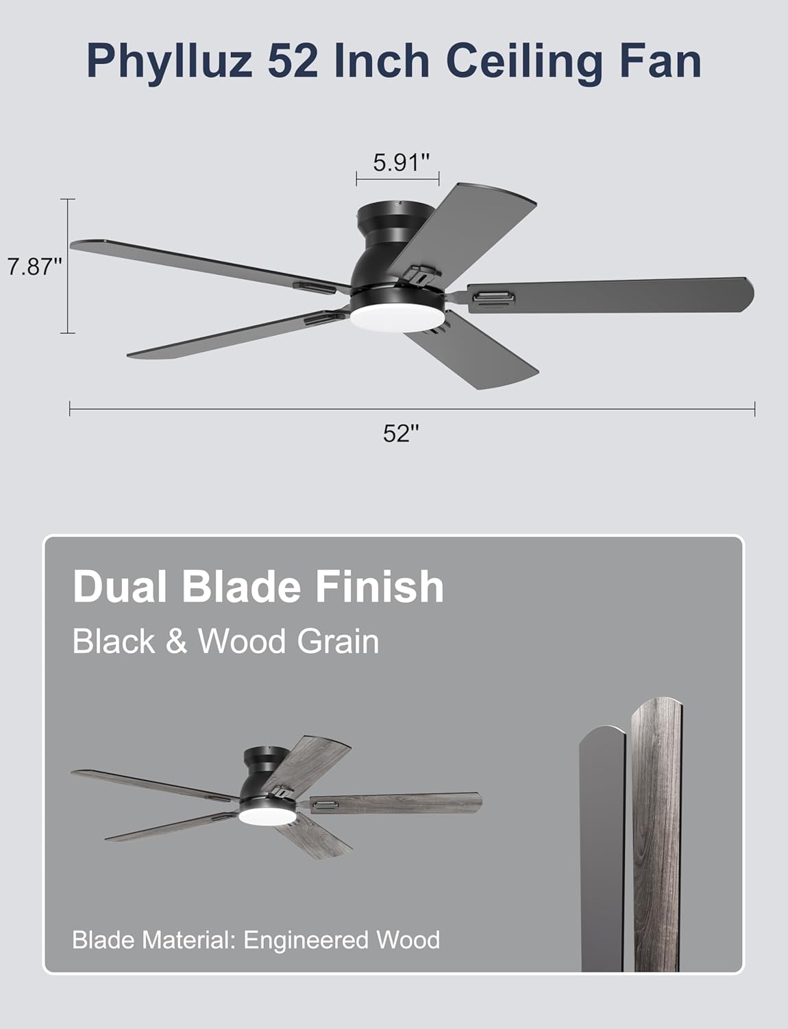 52'' Flush Mount Ceiling Fan with Lights, Space-Saving Low Profile for Low Ceilings, App/Remote Control, Safe Quiet DC Motor for Bedroom Living Room, Dimmable, Black