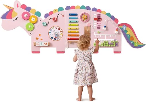 Olakids Sensory Wall, 11 in 1 Wooden Montessori Busy Board Panel Toddler Wall Mounted Activity Center Educational Toys Learning Gift for Boys Girls Cherry Unicorn