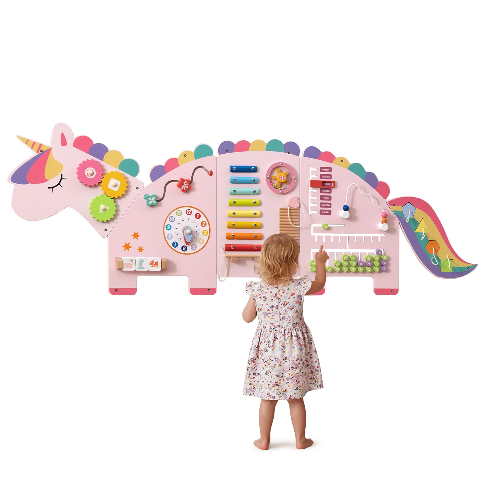 Olakids Sensory Wall, 11 in 1 Wooden Montessori Busy Board Panel Toddler Wall Mounted Activity Center Educational Toys Learning Gift for Boys Girls (Cherry Unicorn)