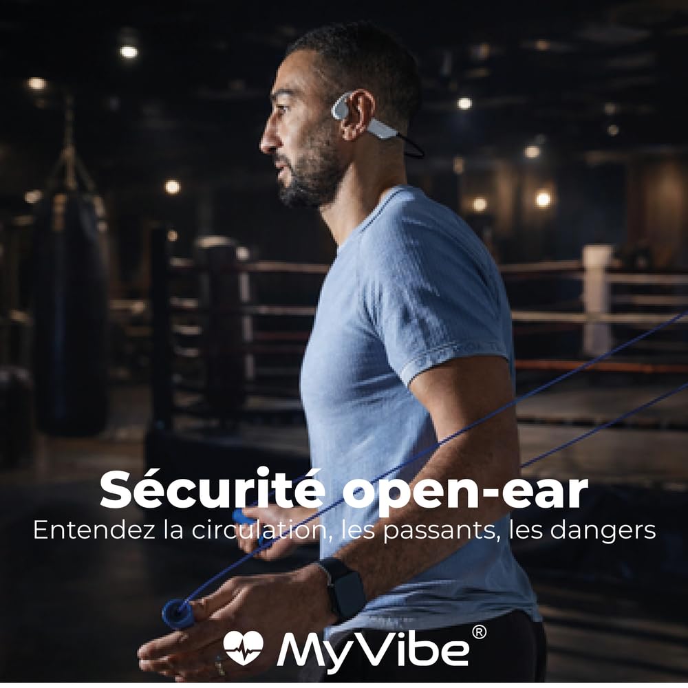 MYVIBE is Powerful Casque à Conduction Osseuse Sport Bluetooth - Écouteurs Oreilles Libres IPX5 Étanche, 9H Autonomie, Ultra Léger 28g - Idéal Running, Randonnée, Fitness & Urbain (Blanc)