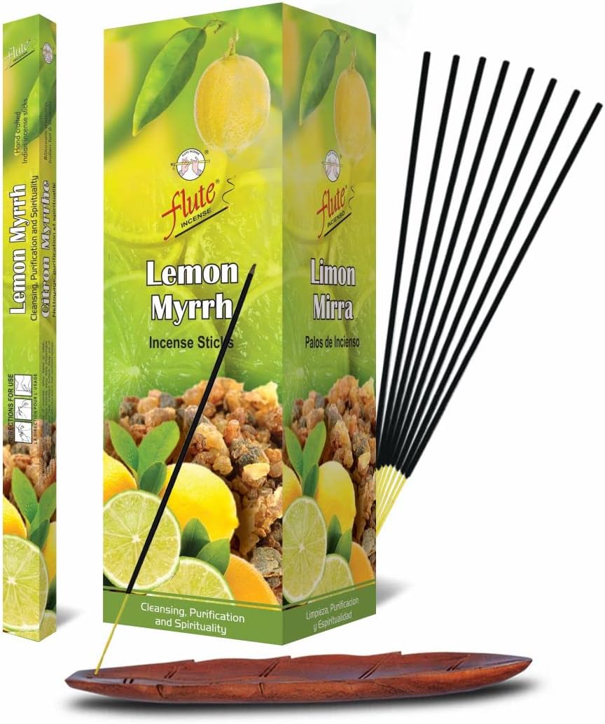 Flute Lemon Myrrh Incense Sticks, 200 Sticks | 9" Inch Agarbatti Sticks with 40 Mins Burning time | Calming Scent for Cleansing, Purification & Spirituality | 8 Sticks/Pack