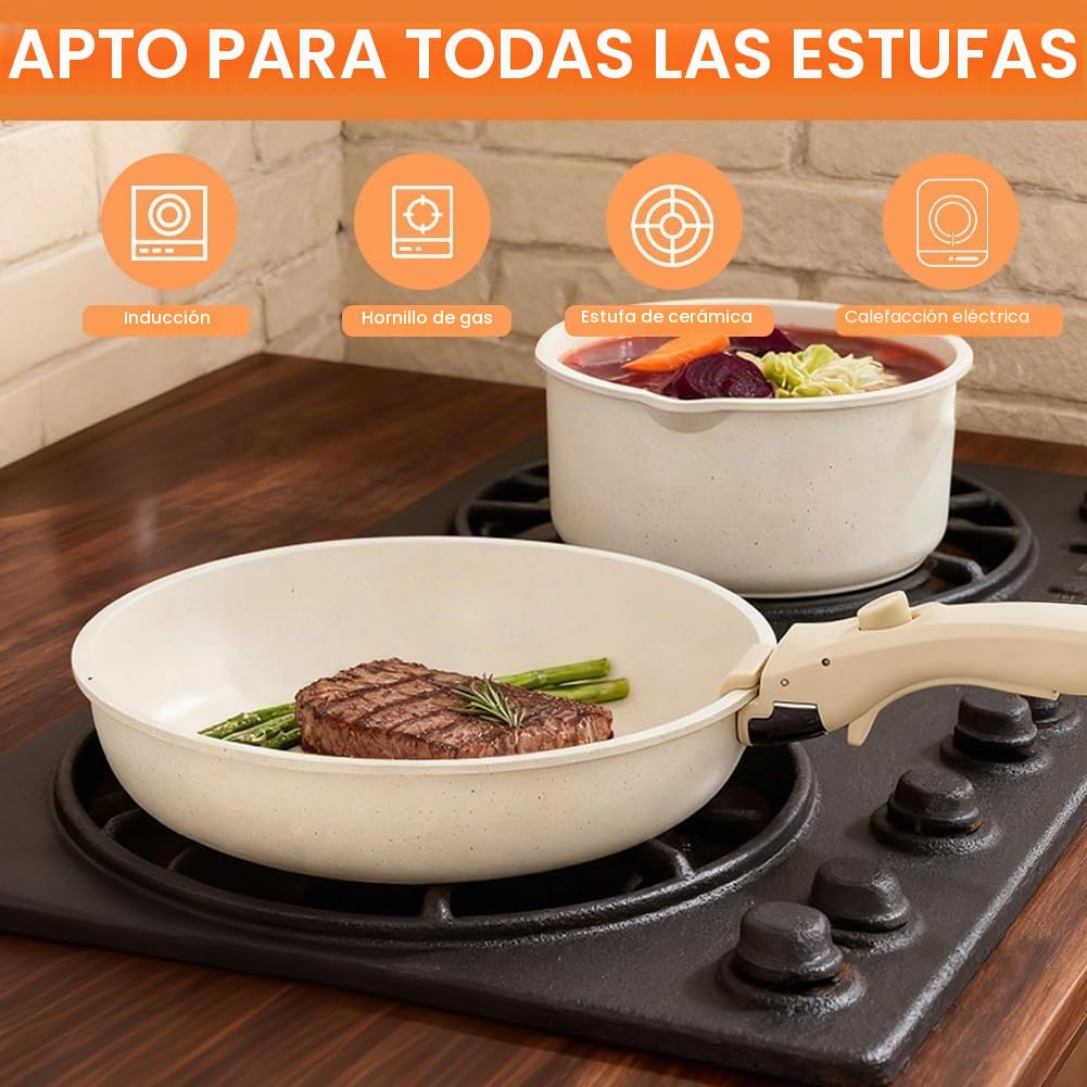 Juego de ollas de cerámica de 16/18/20 cm con mango extraíble y tapa 3 en 1, olla antiadherente de inducción para todo tipo de cocinas, apta para horno, apta para lavavajillas, juego de ollas que