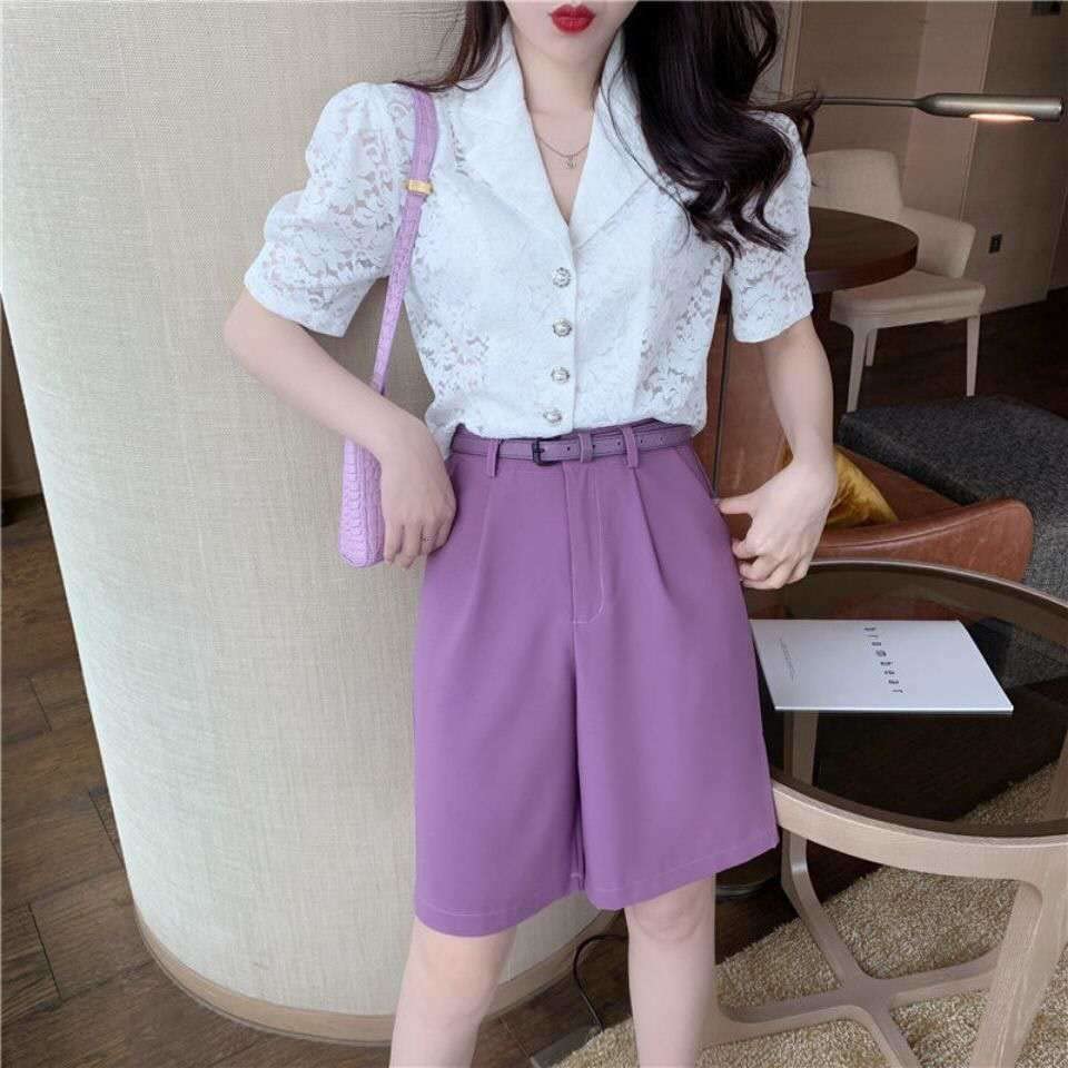 Short Femmes Couleur Solide Haute Taille Tout-Match Five Points Suit Shorts avec Ceinture