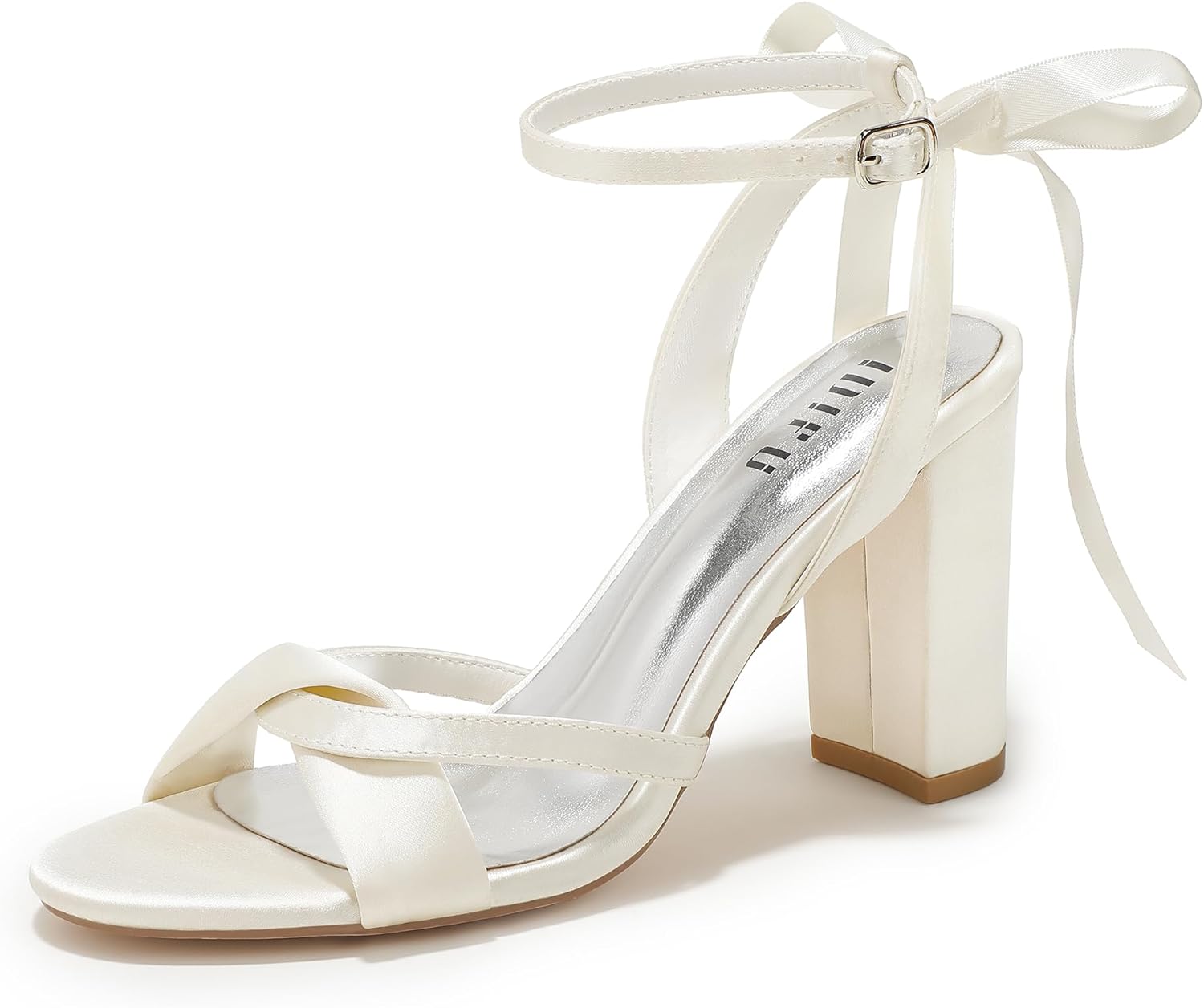 Size 6.5 Color White IDIFU IN4 Women's Bow Tie Heeled Sandals High Chunky Heels Cross Strap Satin Strappy Ankle Buckle Dress Wedding Bride Bridal Dressy Shoes Block Heels