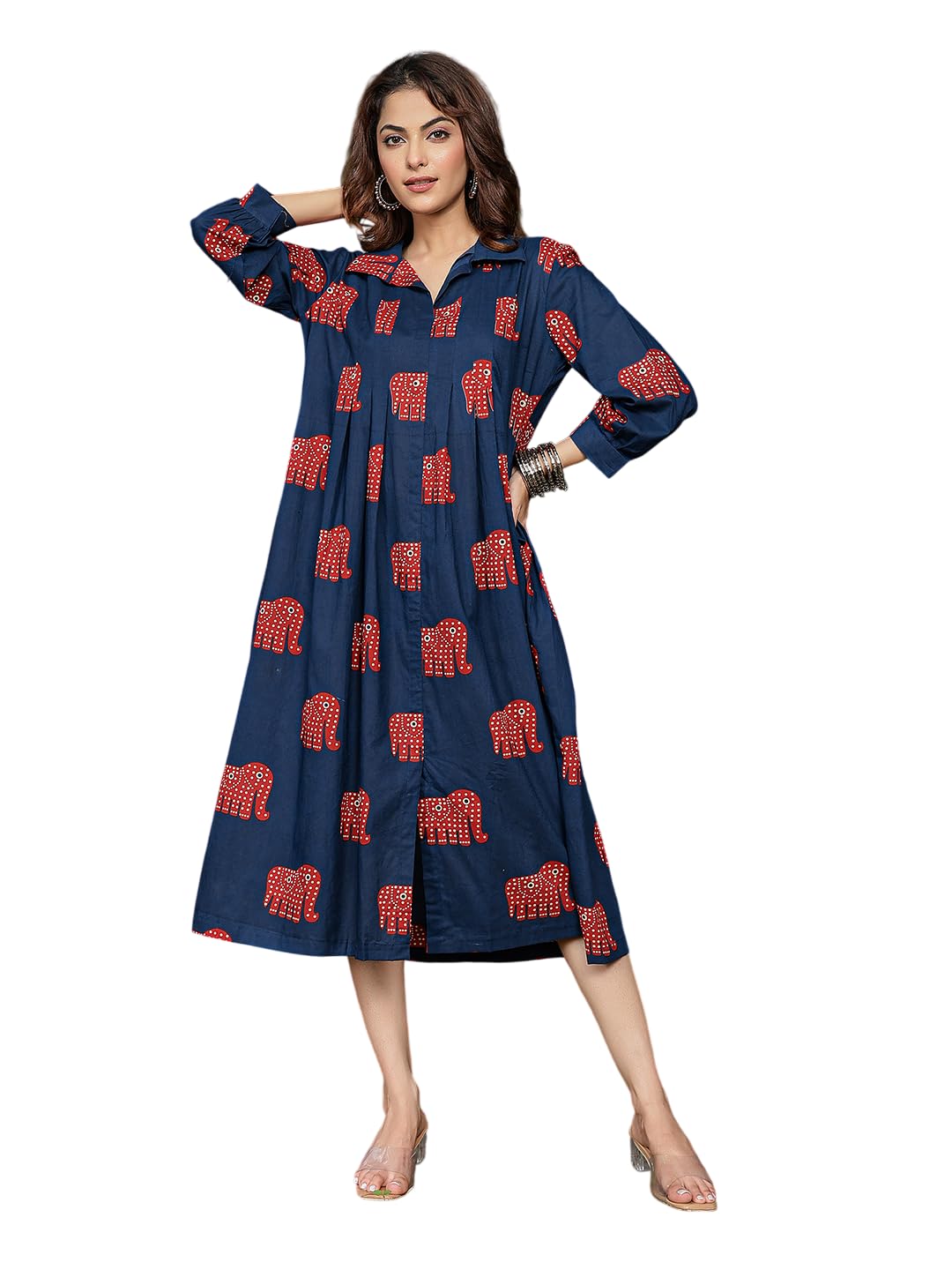 Women's Cotton Calf Length Printed Shirt Collar Flared Dress-image-43
