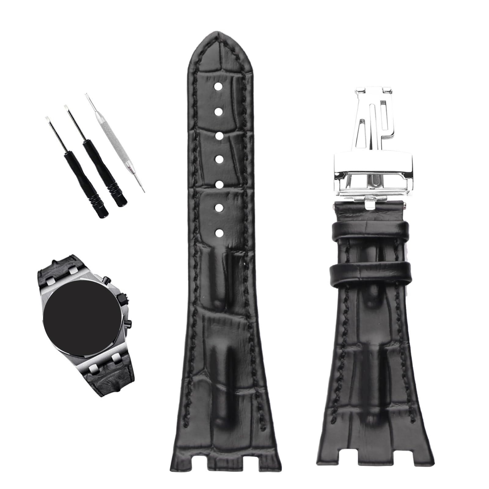 XIW Compatible for 28mm Audemars Piguet AP Royal Oak Offshore Watch 15703 15710 15400 26470 26400 Leather Watch Band Replacement for men Silicone Wirstband Strap women Bracelet, Brown (Black Band)