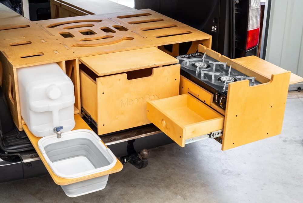 Moonbox Campingbox Modify Van/Bus 115cm Natur | mit Campingküche, Sitzplätze, Tisch, Bettfunktion/Schlafsystem | für Fahrzeuge mit Mind. 115cm Breite im Kofferraum