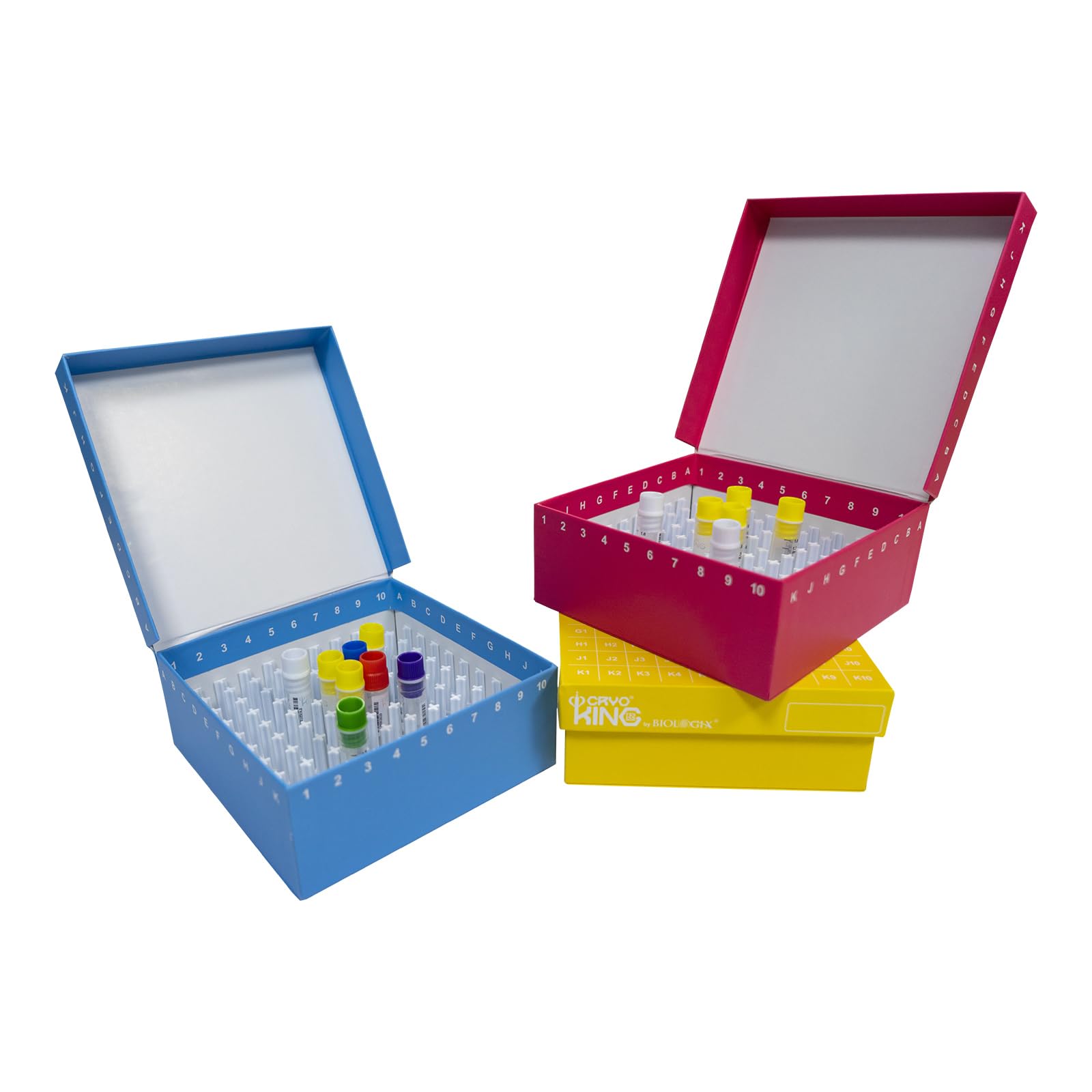 Kryobox Lot de 5 tubes à échantillons avec codage, récipients pour tubes à microcentrifugeuse, boîtes de rangement cryogéniques pour microtubes et appareils cryogéniques de 1,5 à 2,0 ml, 100