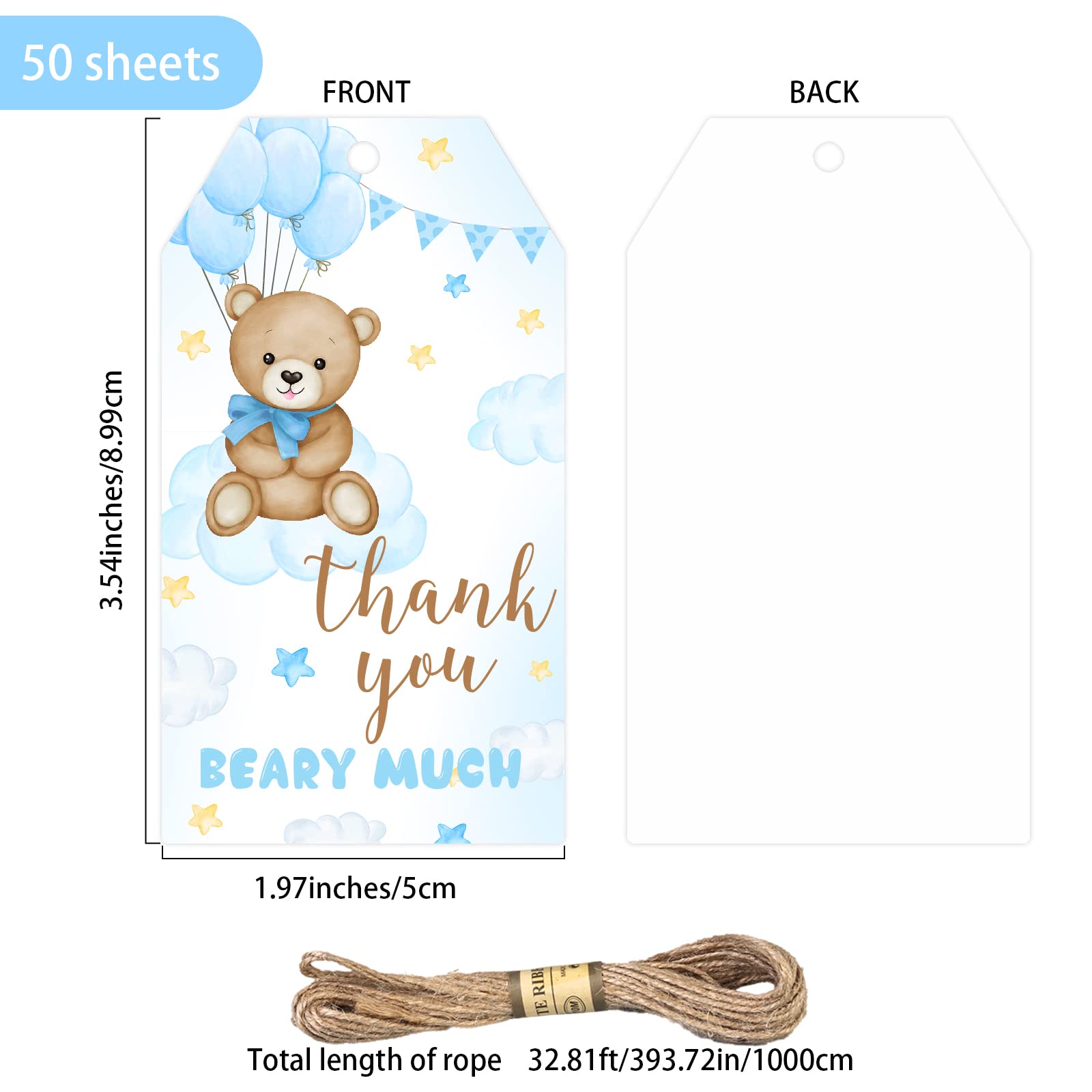 Niedźwiedź dziękuję, 50 szt. niebieskich zawieszek na prezent ze sznurkiem na baby shower, podziękowanie za wiele prezentów na ślub, urodziny, baby shower, przyjęcie weselne, upominki