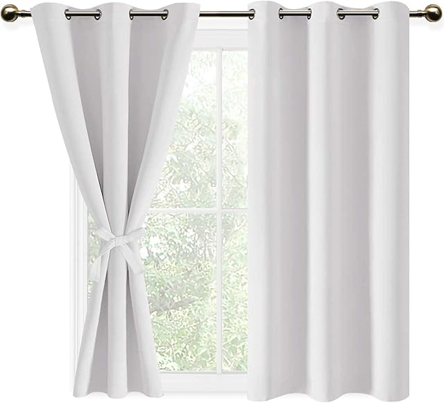DWCN Greyish White Blackout Curtains with Tiebacks for Bedroom Thermal Insulated Solid Eyelet Curtains for Living Room,2 Panels,46" Wide x 54" Drop