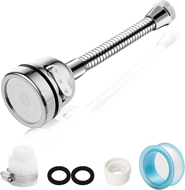 Universal 360° Rotatable Anti-Splash Faucet Extender with Hose, Kitchen Tap Extension with 3-Mode Flexible Faucet Sprayer Head, ABS Plastic Chrome