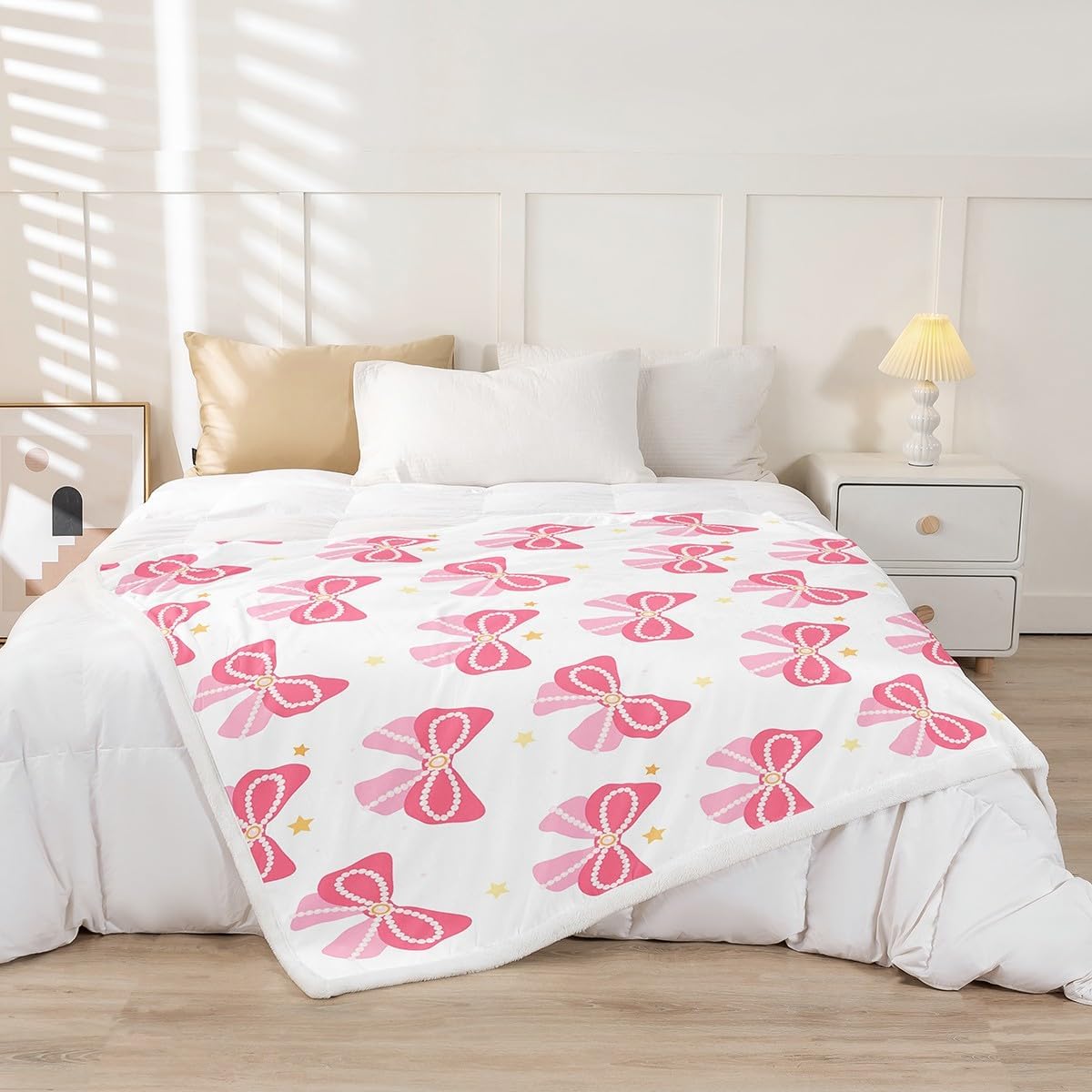 Butterfly Bowknot Throw Blanket,Cartoon Star Bow Print Fleece Blanket for Kids Girls Boys Room Decor,Pink Sweet Princess Style Bed Blanket Soft Lovely Sherpa Blanket,for Chair/Sofa,90"×90"