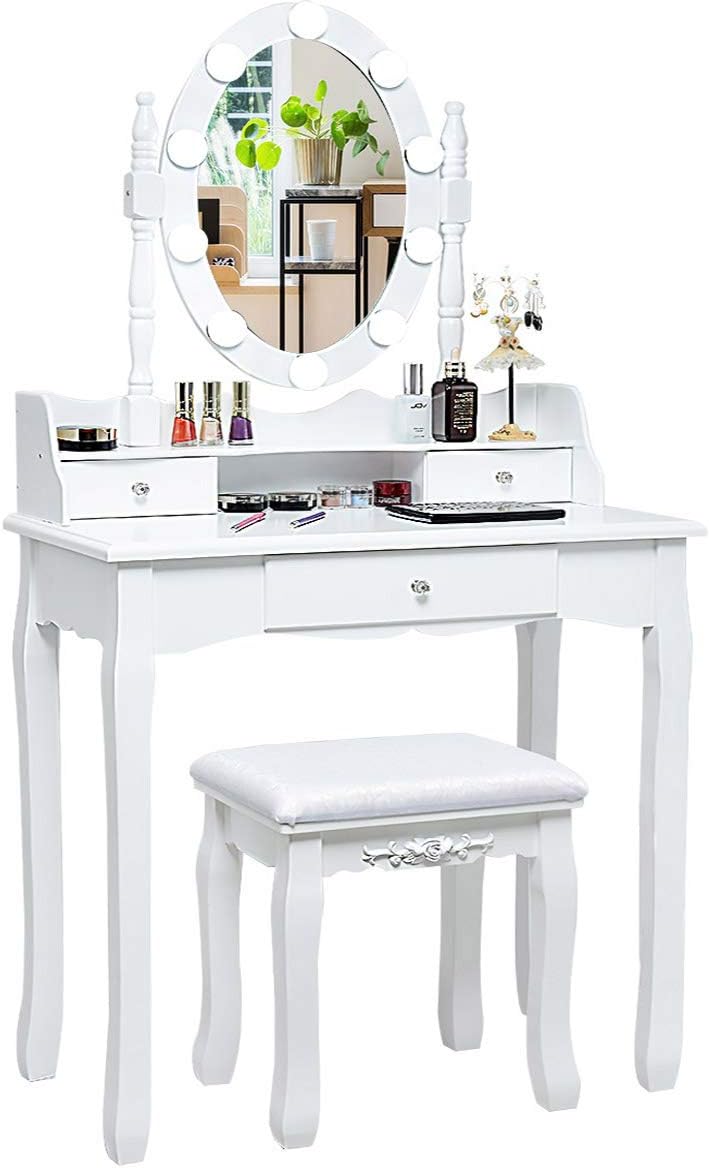 CHARMAID Girls Makeup Vanity Desk with Lights, Vanity Table with Lighted Mirror, 3 Lighting Modes, Adjustable Brightness, Modern Makeup Table with 3 Drawers and Stool for Small Space (White)