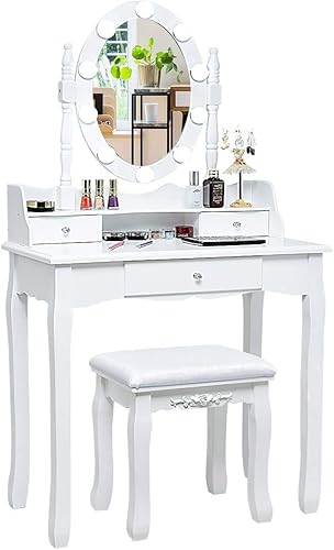 Miniatura 8 de CHARMAID Escritorio de maquillaje para niñas con luces, mesa de tocador con espejo iluminado, 3 modos de iluminación, brillo ajustable, mesa de